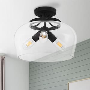 14.17 In. 3-Light Matte Black Drum Semi-Flush Mount with Clear Glass Shade and No Bulb Included (1-Pack)