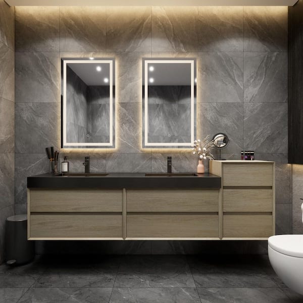 MIA 91 in. W x 20 in. D x 30 in. H Double Sink & Side Cabinet Bath Vanity in Coffee Wood with Black Stainless Steel Top