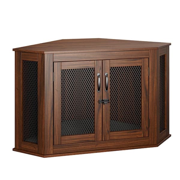 FUFU&GAGA Furniture Corner Dog Crate, Medium Small Dog Kennel Indoor Use, Pet Corner Crate with Cushion for Limited Room, Walnut