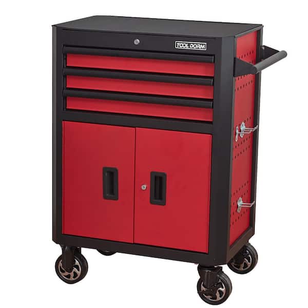 28 in. 3-Drawer Rolling Tool Chest with Wheels Steel Tool Cabinets with Drawers, Liners and Locking System Black and Red