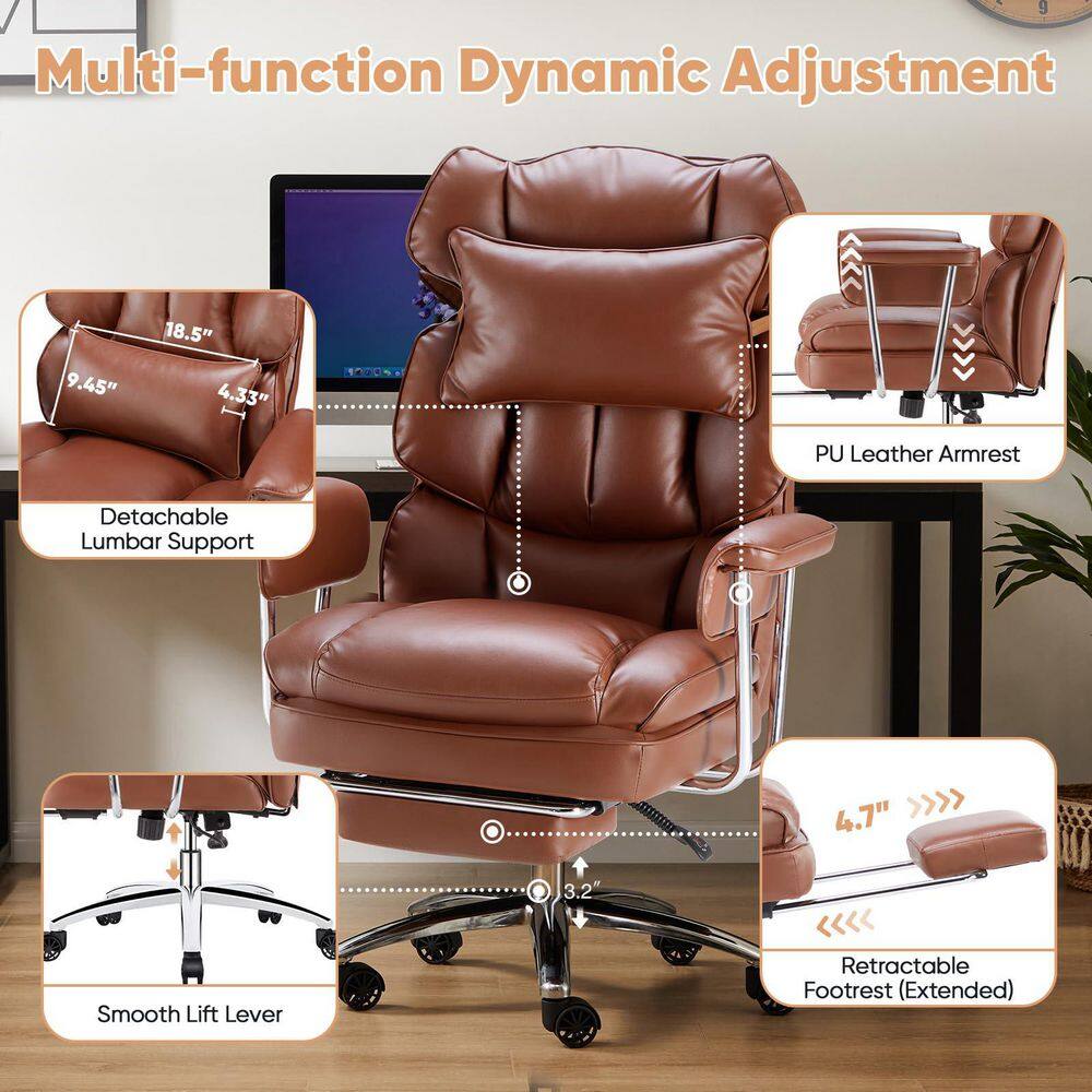 Big Tall PU Leather Reclining High Back Executive Chair in Brown with Footrest and Lumbar Support with Adjustable Arms - Thumbnail 4