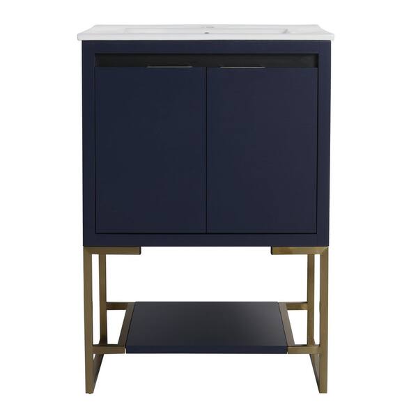 Unbranded Modern 24 in. W x 18 in. D x 35 in. H Freestanding Bath Vanity in Navy Blue with White Ceramic Sink and Top