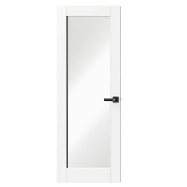 30 in. x 80 in. Composite, MDF Full Lite, Mirrored Glass, Primed, White Interior Door Slab With Black Lever Handle