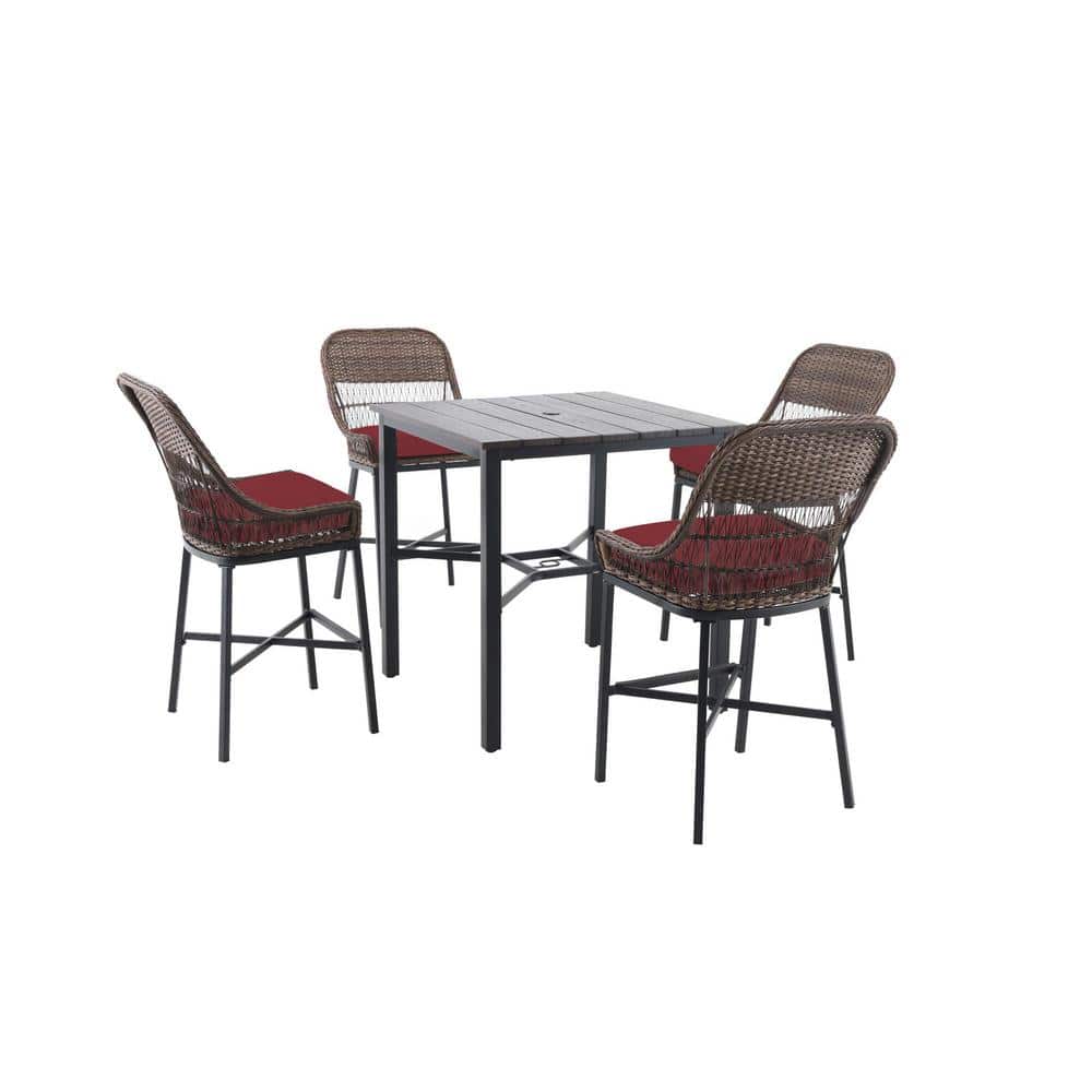 Hampton Bay Beacon Park 5-Piece Brown Wicker Outdoor Patio High Dining Set with CushionGuard Chili Red Cushions -  H013-01193800