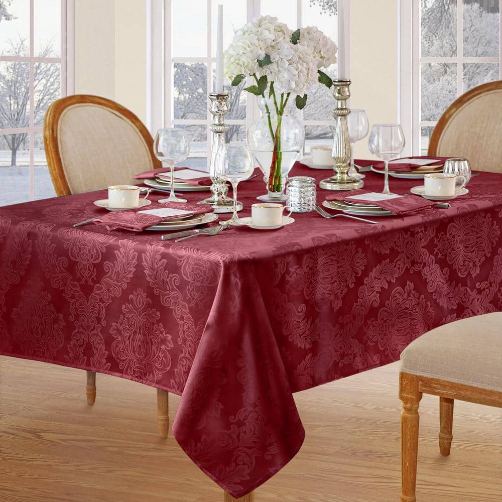 60 in. W x 84 in. L Oblong Burgundy Barcelona Damask Fabric Tablecloth