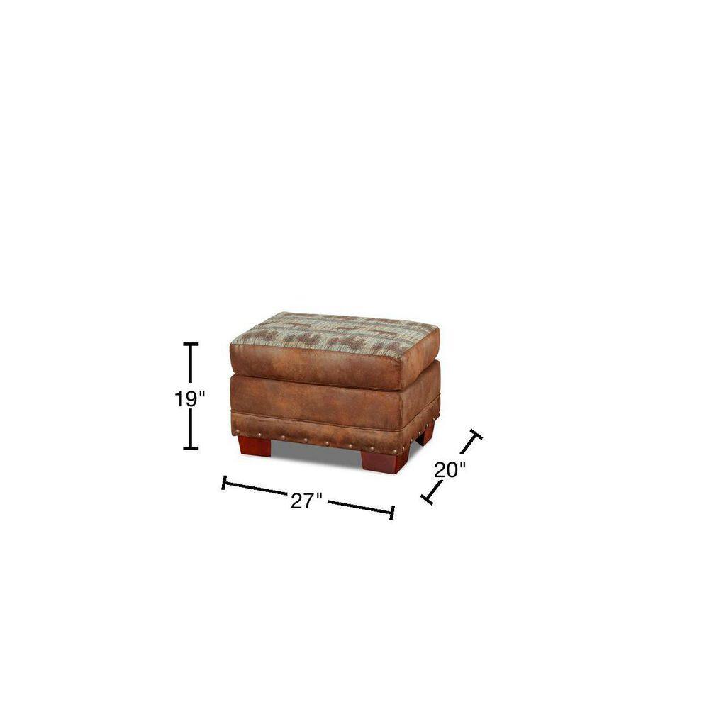 Teal and Brown Tapestry Lodge Ottoman with Wood Legs