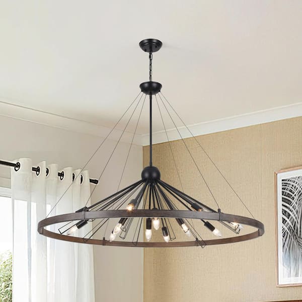 12-Light Black and Wood Grain Circle Candle Design Wagon Wheel Chandelier Sputnik Linear Chandelier for Dining Room