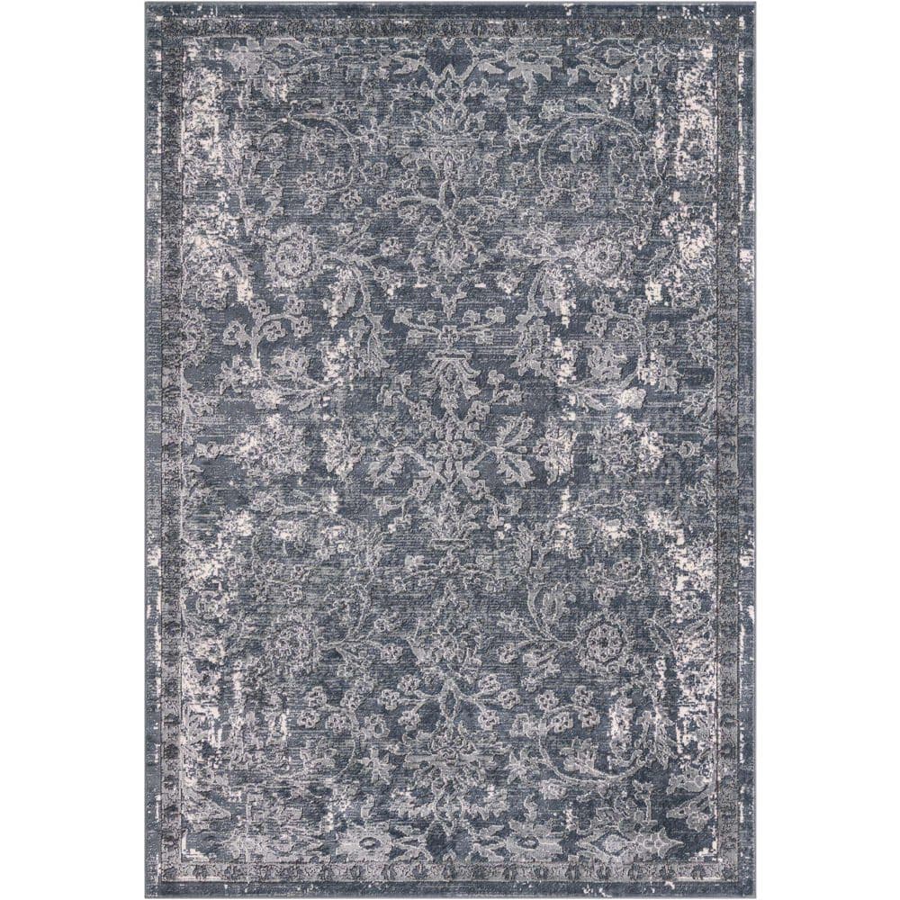 Elegant Blue Floral Indoor Rectangular Rug 6x9 ft