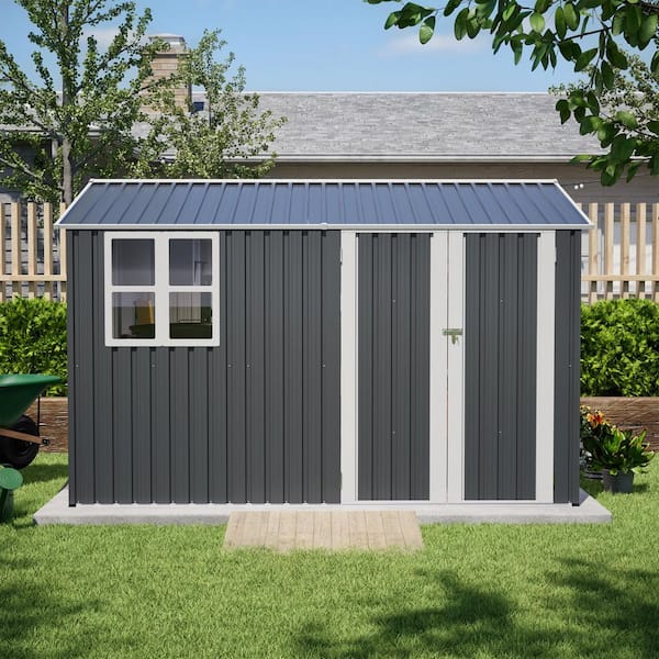 Gray 10 ft. W x 8 ft. D Outdoor Metal Steel Storage Shed with Lockable Doors, Foundation and Window (80 sq. ft. )