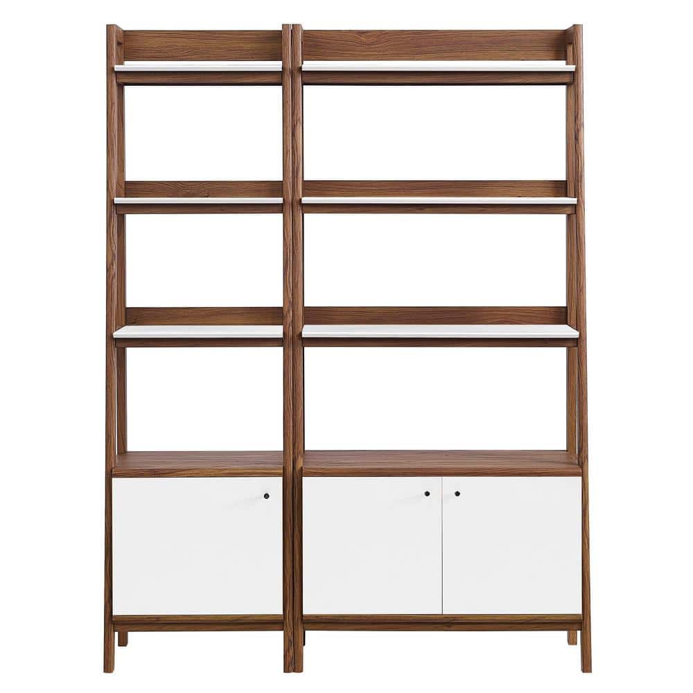 Walnut White Tiered Wood Bookshelves with Concealed Storage