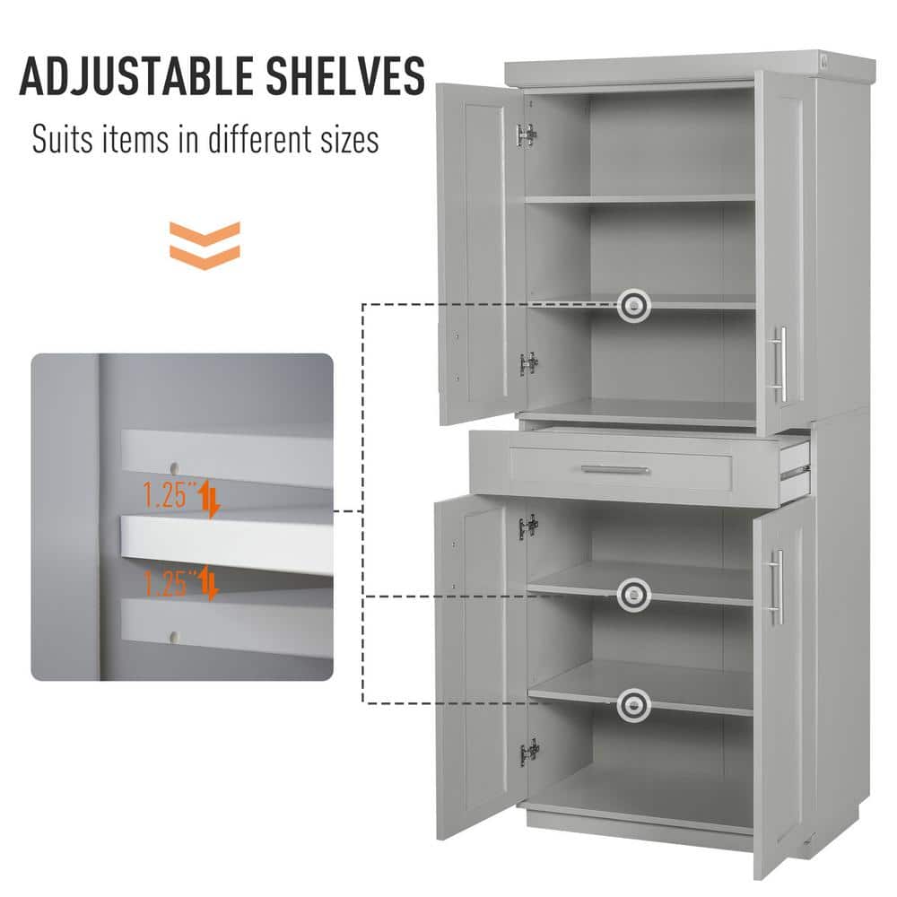 Gray Recessed Panel Freestanding Kitchen Pantry Cabinet with Adjustable Shelves