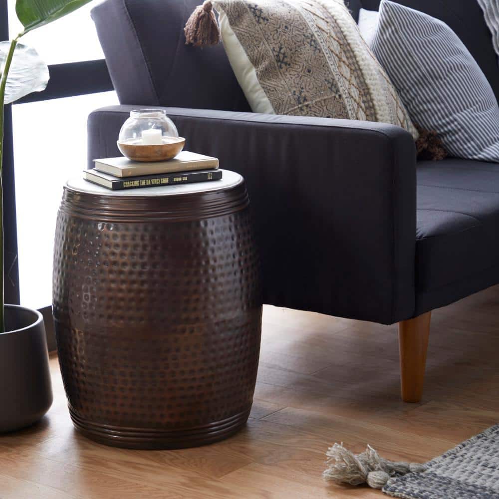 Copper Hammered Barrel Side Table with White Marble Top - 16"x19"