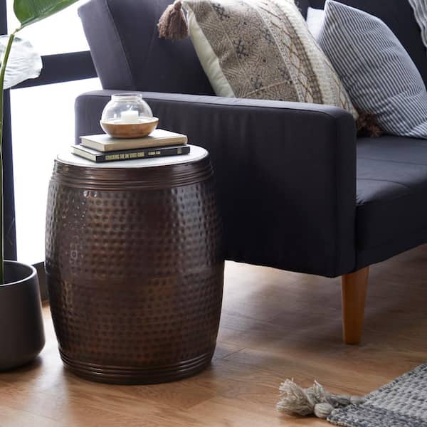 Litton Lane 16 in. Brown Medium Round Marble End Accent Table with Marble Top