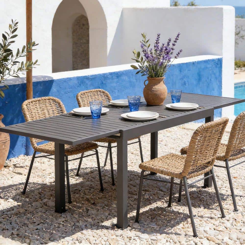 Dark Brown Rectangular Aluminum Outdoor Dining Table with Extension