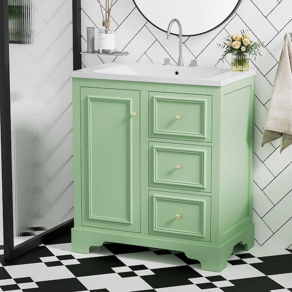 Unbranded 30 in. W Freestanding Bath Vanity in Green with White Ceramic Top