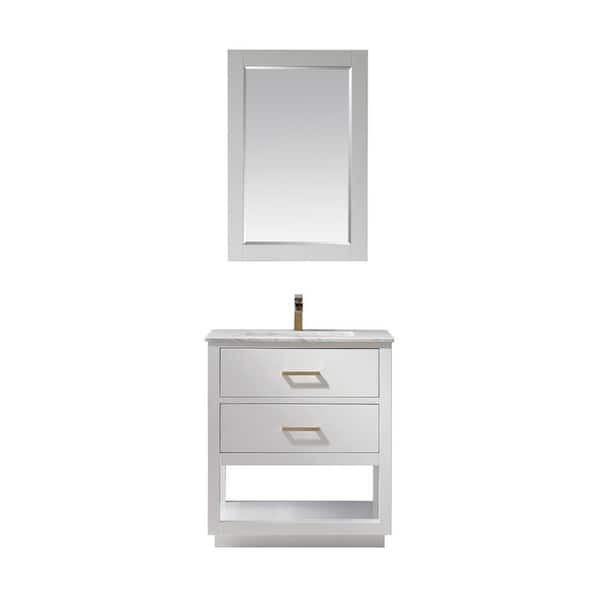 Altair Remi 30 in. Single Bathroom Vanity Set in White and Carrara White Marble Countertop with Mirror