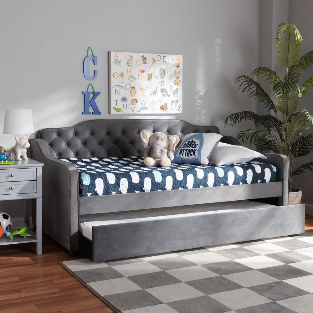 Gray Velvet Upholstered Twin Daybed with Tufted Back and Trundle