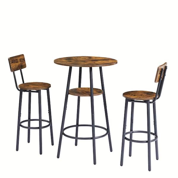 cadeninc 3-Piece Rustic Brown Bar Table Set with 2 Bar Stools PU Soft Seat with Backrest