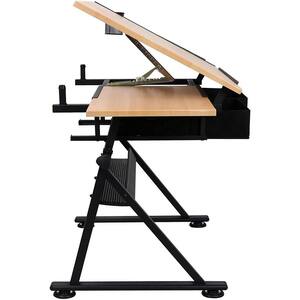 37.79 in. Retangular Oak Metal Adjustable Standing Drafting Desk with Chairs and 2-Drawers