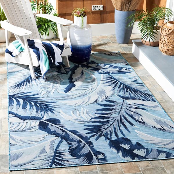 Cabana Aqua/Navy 6 ft. x 6 ft. High-Low Leaf Indoor/Outdoor Square Area Rug