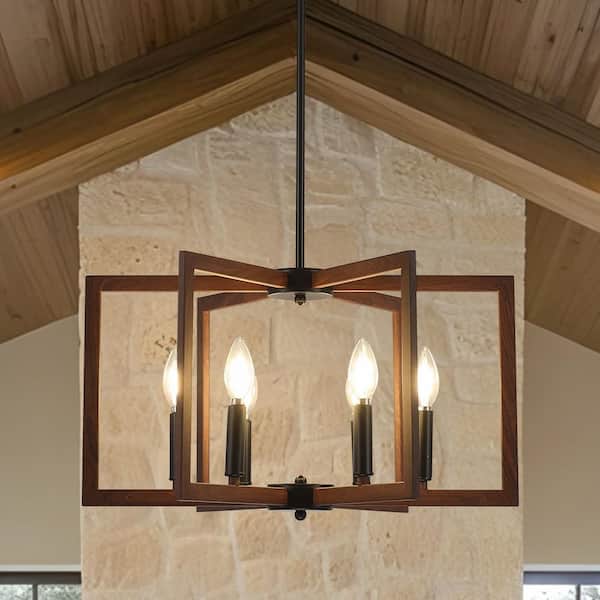 6-Light Walnut Geometric Industrial Chandelier, Candle Style Rustic Hanging Ceiling Lighting for Living Room and Kitchen