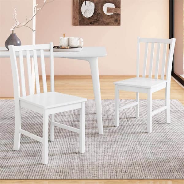 Rustic White Dining Chairs with Slat Tilt Backrest, Wide Seat, Rubber Wood Legs Set of 2