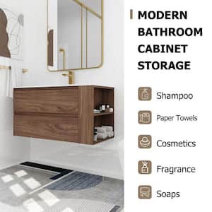 35.6 in. W x 18.10 in. D x 19.40 in. H Single Sink Wall Mount Bath Vanity in Brown Oak with White Ceramic Top