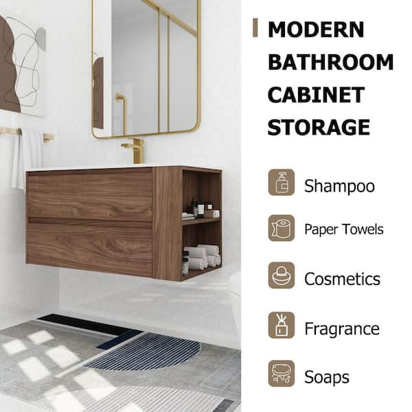 35.6 in. W x 18.10 in. D x 19.40 in. H Single Sink Wall Mount Bath Vanity in Brown Oak with White Ceramic Top