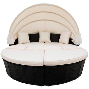 Kaira Wicker Outdoor Day Bed with Beige Cushions and Retractable Canopy