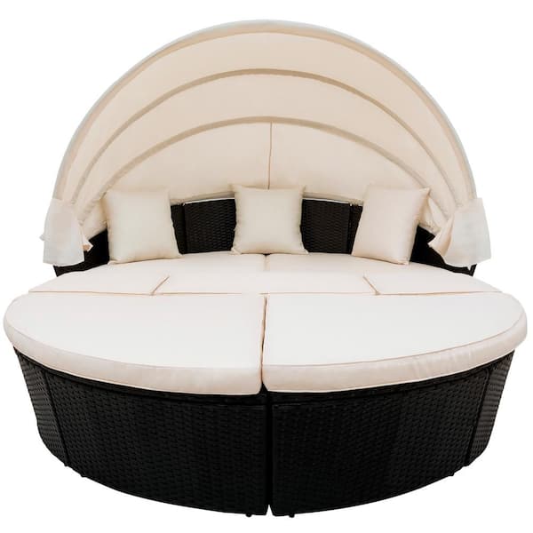 Utopia 4niture Kaira Wicker Outdoor Day Bed with Beige Cushions and Retractable Canopy