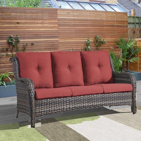 Gymojoy Carolina Gray Wicker Outdoor Couch with Red Cushions