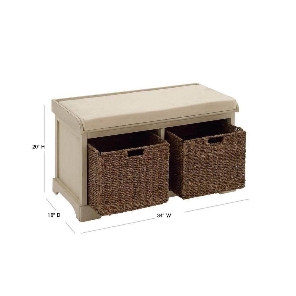 Elegant White Linen Cushioned Storage Bench with Wicker Baskets