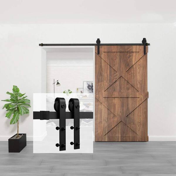 9 ft./108 in. Black Bent Strap Sliding Barn Door Track and Hardware Kit for Single Door with Floor Guide 9 ft./108 in. Black Bent Strap Sliding Barn Door Track and Hardware Kit for Single Door with Floor Guide