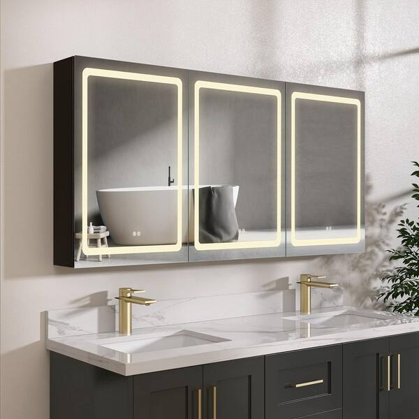 NTQ Lirum 60 in. W x 30 in. H Modern Rectangular Aluminum Surface Mount Bathroom White LED Medicine Cabinet with Mirror