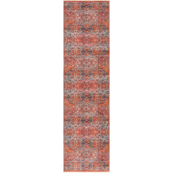 Vintage Persian 2 ft. x 12 ft. Aqua/Orange Distressed Diamond Oriental Runner Rug