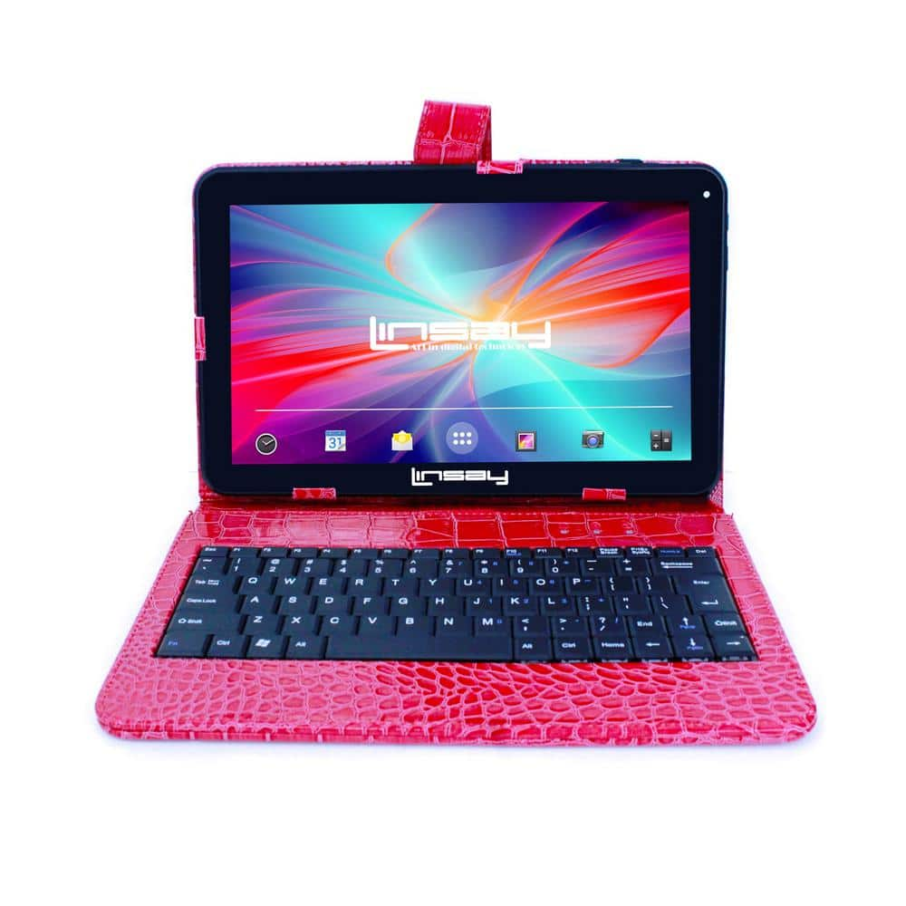 LINSAY 10.1 in. High End Octa Core Tablet 128GB Android 13 with Red Crocodile style Keyboard