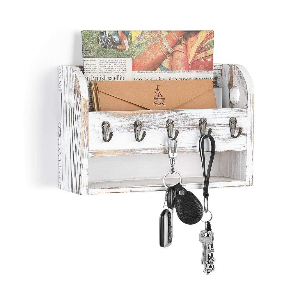 Oumilen Mail and Key Holder for Wall with 5 Key Hooks, Rustic Wall