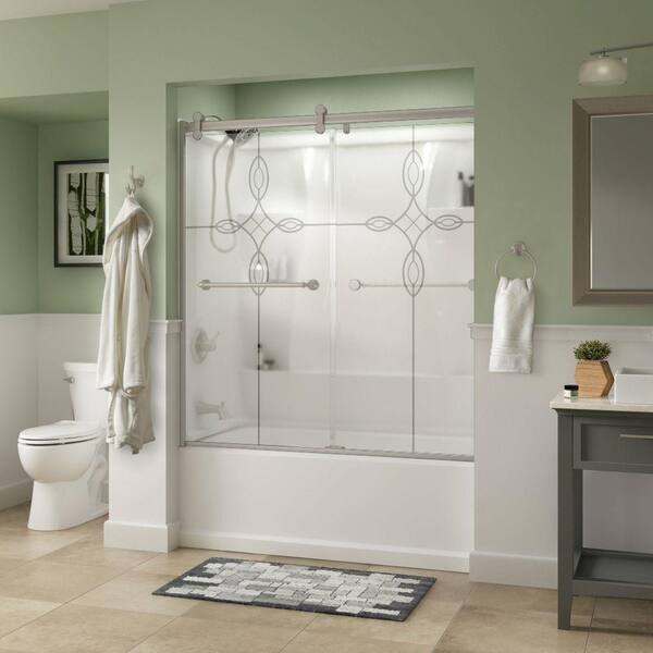 Simplicity 60 x 58-3/4 in. Frameless Contemporary Sliding Bathtub Door in Nickel with Niebla Glass Simplicity 60 x 58-3/4 in. Frameless Contemporary Sliding Bathtub Door in Nickel with Niebla Glass