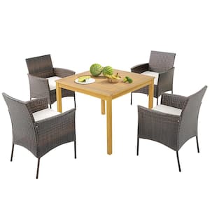 5-Piece Patio Acacia Wood Table Outdoor Dining Set with Off White Cushions 1.9 in. Umbrella Hole Cushioned Chairs