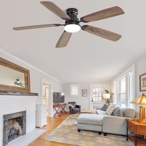 52 in. Indoor/Outdoor Downrod and Flush Mount LED Black Ceiling Fan with Light and Remote Control