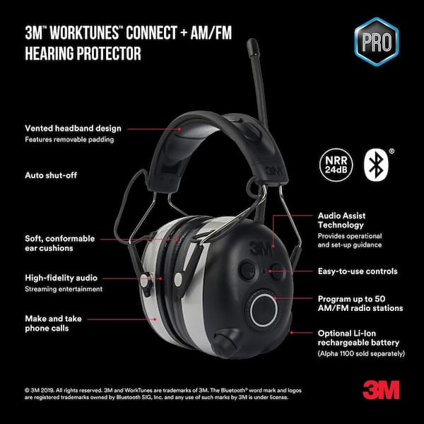 Black for sale online 3M Worktunes Wireless Hearing Protector with Bluetooth and AM//FM Radio