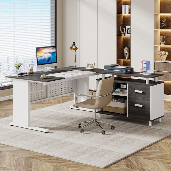 TRIBESIGNS WAY TO ORIGIN Halseey 63 in. L Shaped Gray White Large Wood 2-Drawer Computer Desk for Home Office, Big Executive Desk File Cabinet