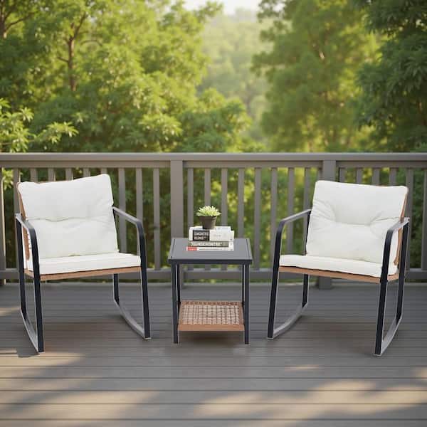 Yangming Patio 3-Piece Steel Frame Wicker Rocking Chair Outdoor Bistro Set with White Cushion and Coffee Table for Porch, Balcony