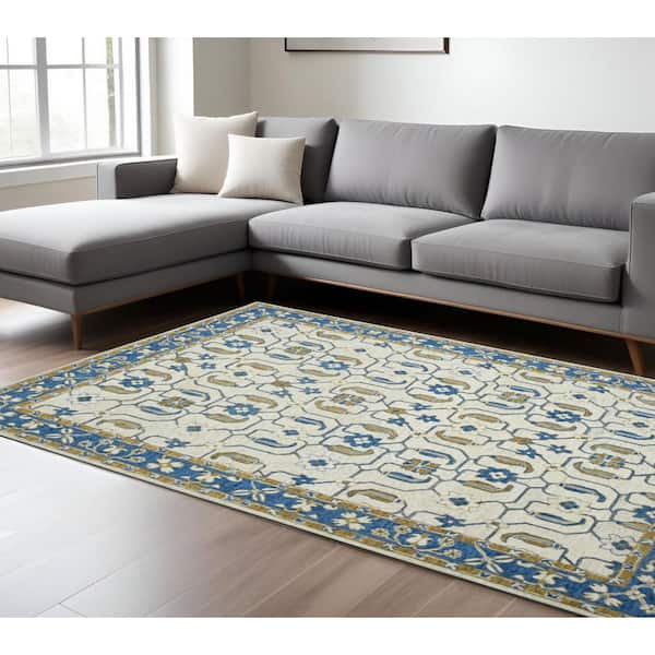 8 ft. x 10 ft. Blue Beige And Brown Wool Oriental Hand Hooked Area Rug
