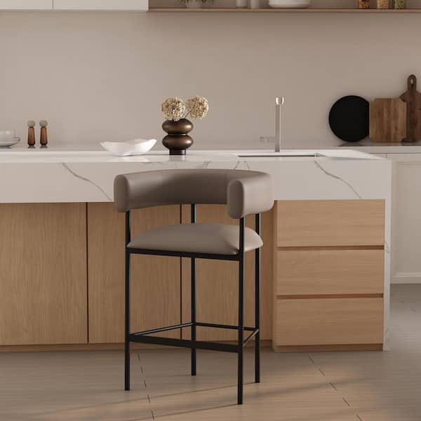 Onda 35.8 in. H Taupe Metal Counter Height Bar Stool with Faux Leather Upholstered Seat