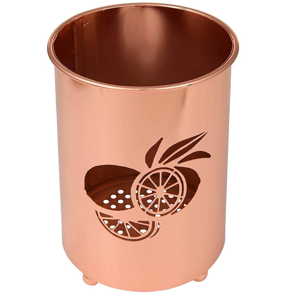 MyGift 6.7 inch Modern Round Concrete Utensil Holder for Kitchen Counter, Cooking Tool Storage Crock with Copper Tone Accent