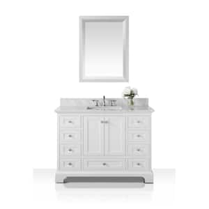 Audrey 48 in. W x 22 in. D Bath Vanity in White with Marble Vanity Top in Carrara White with White Basin and Mirror