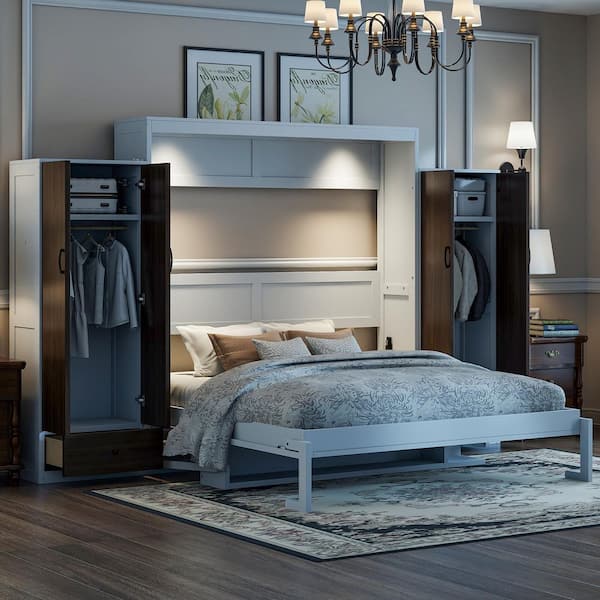 White Wood Frame Queen Size Murphy Bed with Closet, Drawers and Table