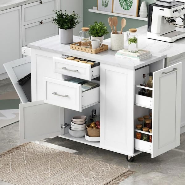 Cesicia Modern White Wood 50.7 in. Power Outlet 2-Drawer Kitchen Island with Pull Out Cabinet Organizer and Tilt Trash Can