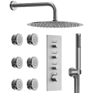 Luxury Thermostatic 7-Spray Wall Mount 12 in. Fixed and Handheld Shower Head 2.5 GPM in Brushed Nickel 125